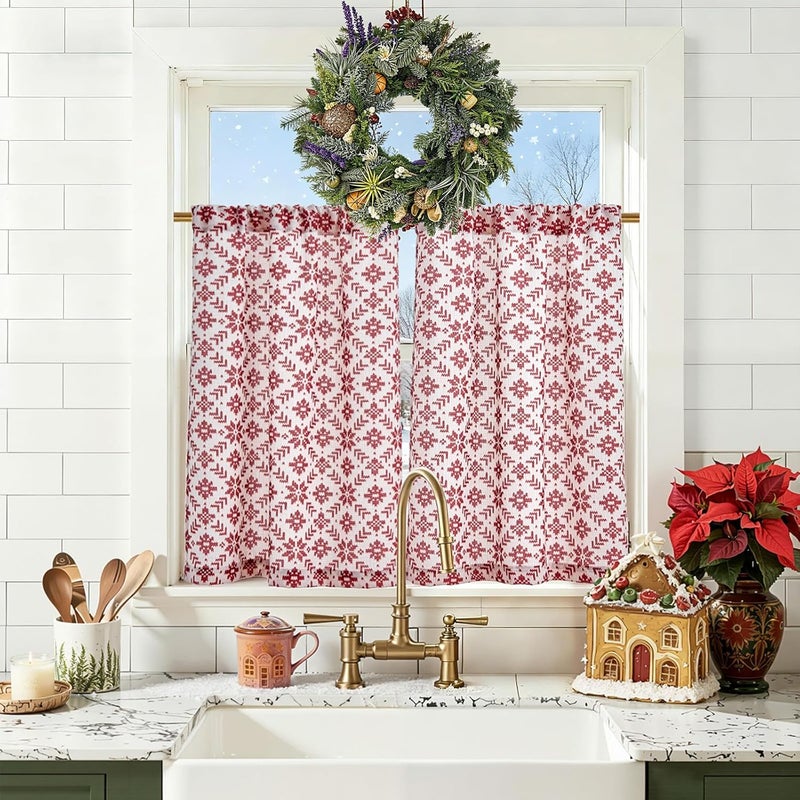 jinchan Snowflake Plaid Christmas Curtains 36 Inch Length Cafe Curtain Red Faux Canvas Textured Knit-Look Tier Curtains Holiday Christmas Decorations for Living Room Small Windows Rod Pocket 2 Panels - Image 1